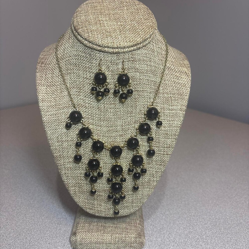 Vintage Black And Gold Beaded Necklace and Earring Set